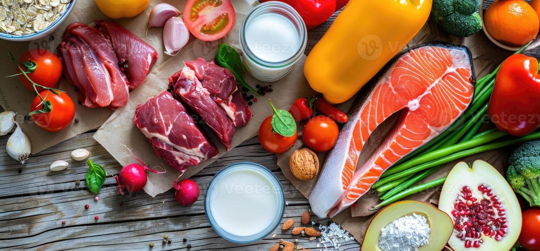 a variety of foods including meat vegetables and milk photo